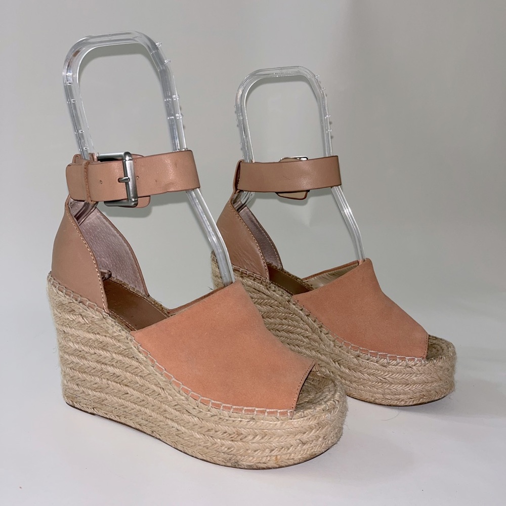 Marc Fisher Brown Leather/Peach Suede Espadrille Wedges - 7